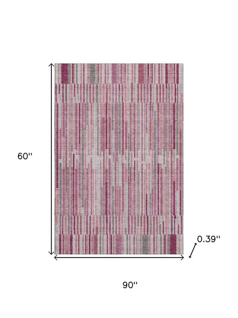 5' X 8' Blush And Silver Striped Washable Area Rug With UV Protection