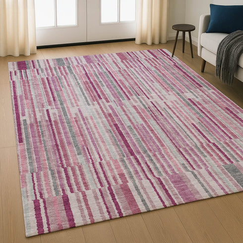 9' X 12' Blush And Silver Striped Washable Area Rug With UV Protection
