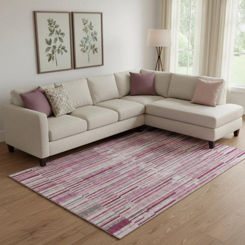 9' X 12' Blush And Silver Striped Washable Area Rug With UV Protection
