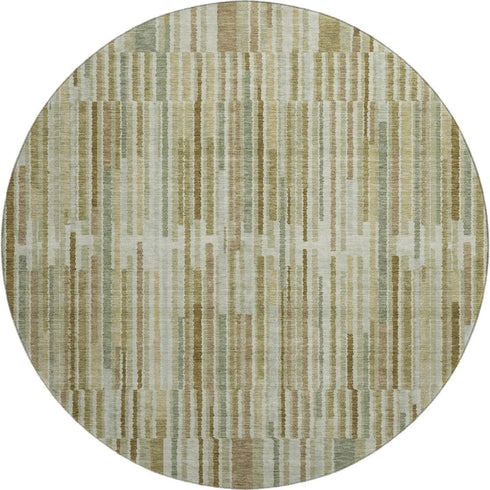 8' Khaki And Beige Striped Washable Round Rug With UV Protection