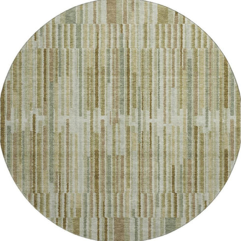 8' Khaki And Beige Striped Washable Round Rug With UV Protection