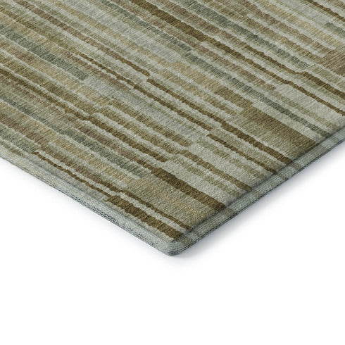 8' Khaki And Beige Striped Washable Round Rug With UV Protection