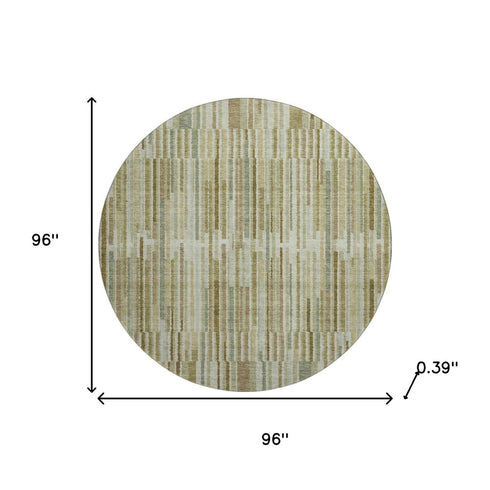 8' Khaki And Beige Striped Washable Round Rug With UV Protection