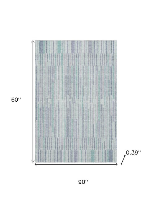 5' X 8' Mint Green And Denim Blue Striped Washable Area Rug With UV Protection