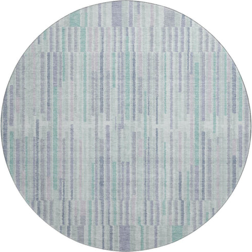 8' Mint Green And Denim Blue Striped Washable Round Rug With UV Protection