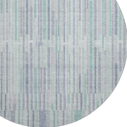 8' Mint Green And Denim Blue Striped Washable Round Rug With UV Protection