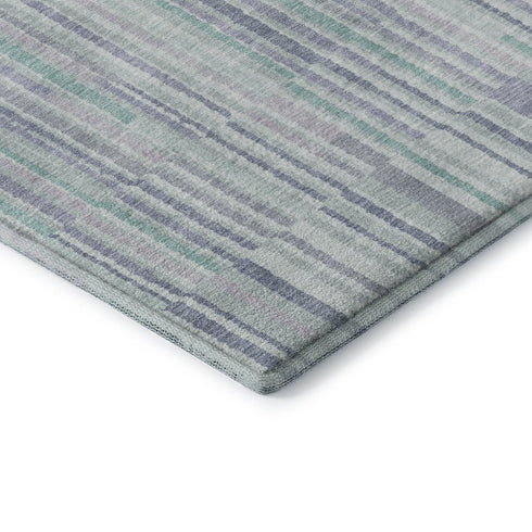 8' Mint Green And Denim Blue Striped Washable Round Rug With UV Protection