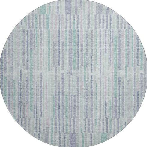 8' Mint Green And Denim Blue Striped Washable Round Rug With UV Protection