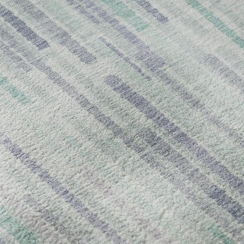 8' Mint Green And Denim Blue Striped Washable Round Rug With UV Protection