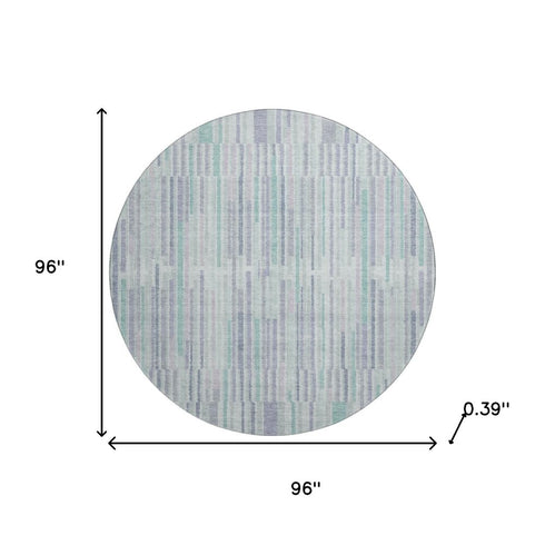 8' Mint Green And Denim Blue Striped Washable Round Rug With UV Protection