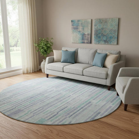 8' Mint Green And Denim Blue Striped Washable Round Rug With UV Protection