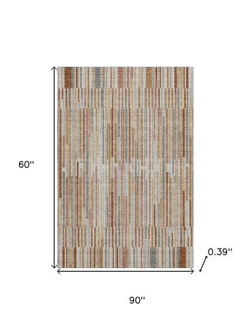 5' X 8' Rust And Gray Striped Washable Area Rug With UV Protection