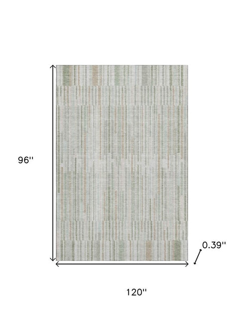 8' X 10' Sage And Ivory Striped Washable Area Rug With UV Protection