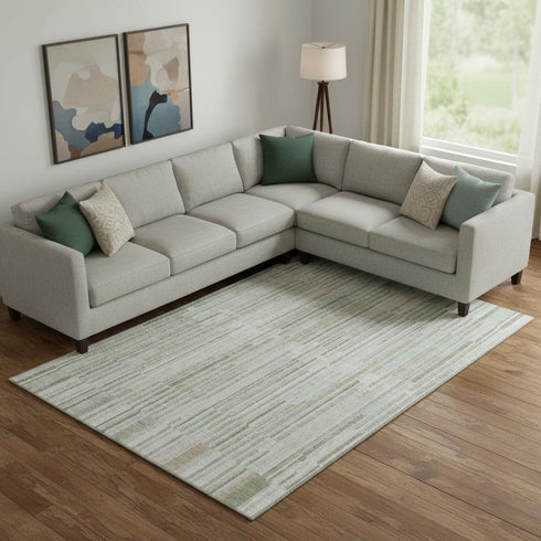 8' X 10' Sage And Ivory Striped Washable Area Rug With UV Protection