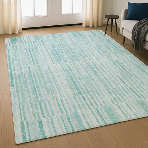 8' X 10' Turquoise And Sky Blue Striped Washable Area Rug With UV Protection