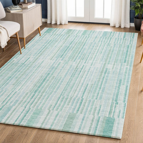 8' X 10' Turquoise And Sky Blue Striped Washable Area Rug With UV Protection