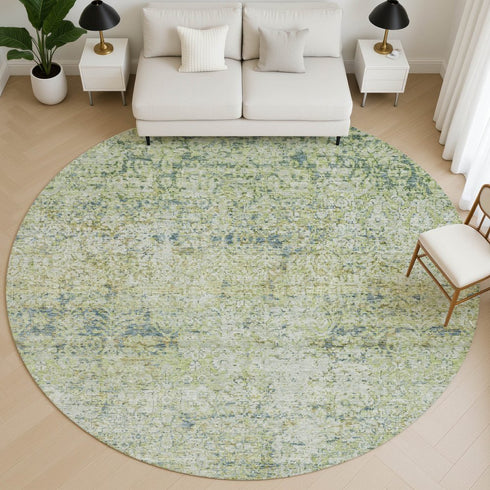 8' Sage And Olive Green Abstract Washable Round Rug With UV Protection