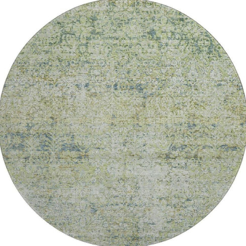 8' Sage And Olive Green Abstract Washable Round Rug With UV Protection