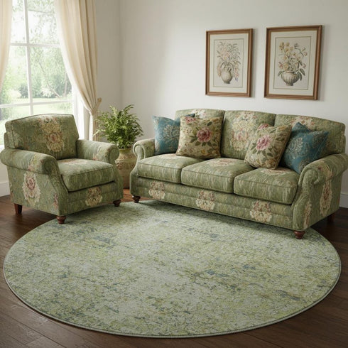 8' Sage And Olive Green Abstract Washable Round Rug With UV Protection