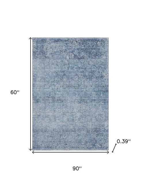 5' X 8' Blue And Denim Blue Abstract Washable Area Rug With UV Protection