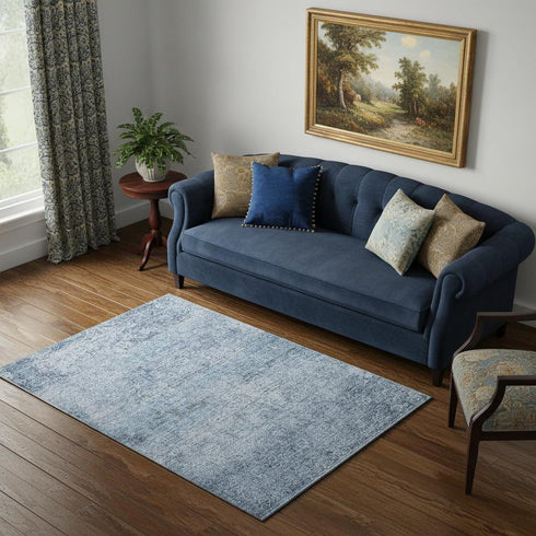 5' X 8' Blue And Denim Blue Abstract Washable Area Rug With UV Protection