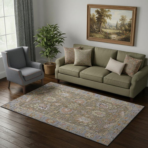 5' X 8' Brown And Lavender Oriental Washable Area Rug With UV Protection