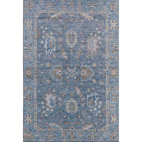 5' X 8' Blue And Taupe Oriental Washable Area Rug With UV Protection