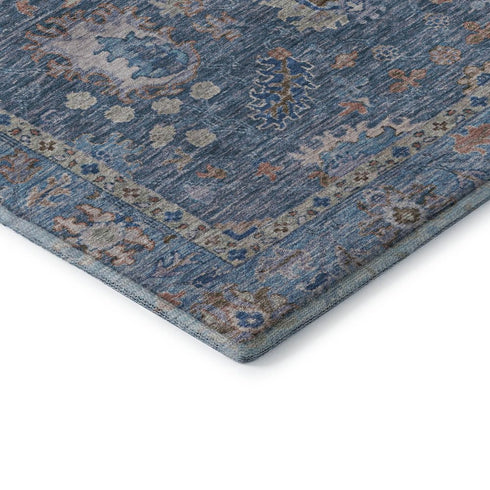 5' X 8' Blue And Taupe Oriental Washable Area Rug With UV Protection