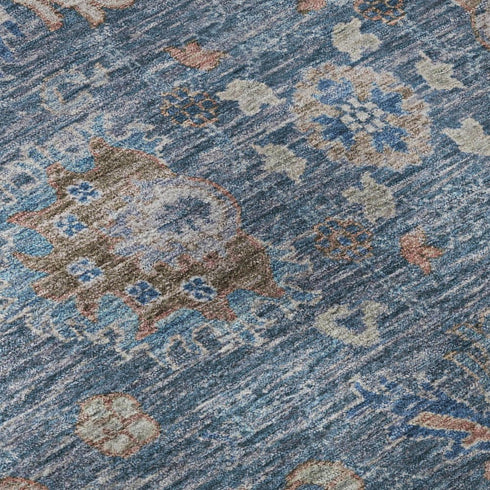 5' X 8' Blue And Taupe Oriental Washable Area Rug With UV Protection