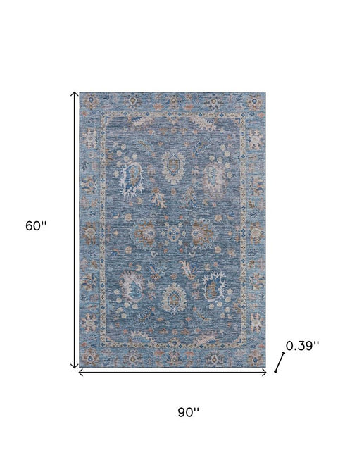 5' X 8' Blue And Taupe Oriental Washable Area Rug With UV Protection