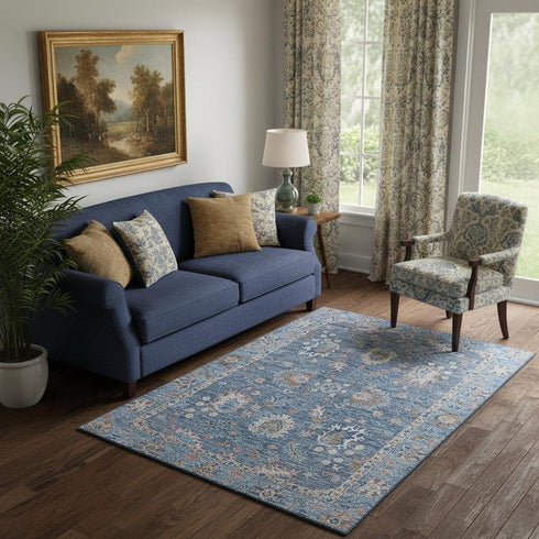 5' X 8' Blue And Taupe Oriental Washable Area Rug With UV Protection
