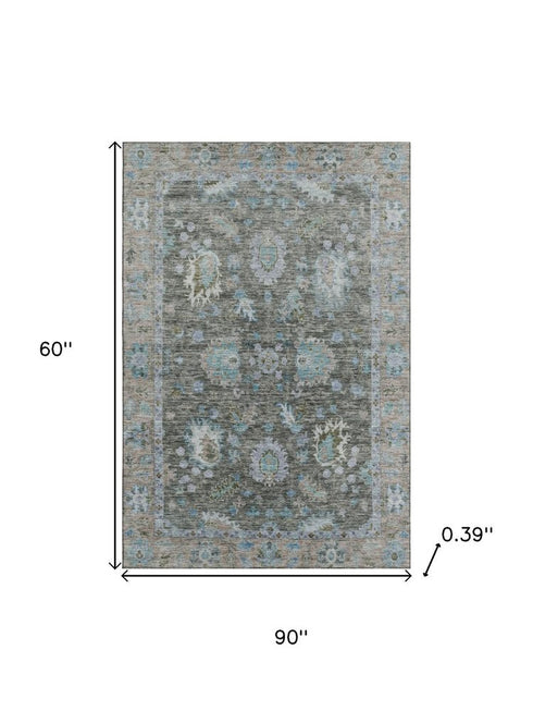 5' X 8' Fern Green And Denim Blue Oriental Washable Area Rug With UV Protection