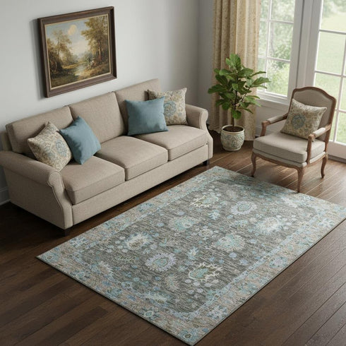 5' X 8' Fern Green And Denim Blue Oriental Washable Area Rug With UV Protection