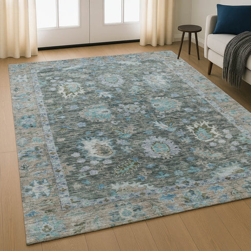 9' X 12' Fern Green And Denim Blue Oriental Washable Area Rug With UV Protection