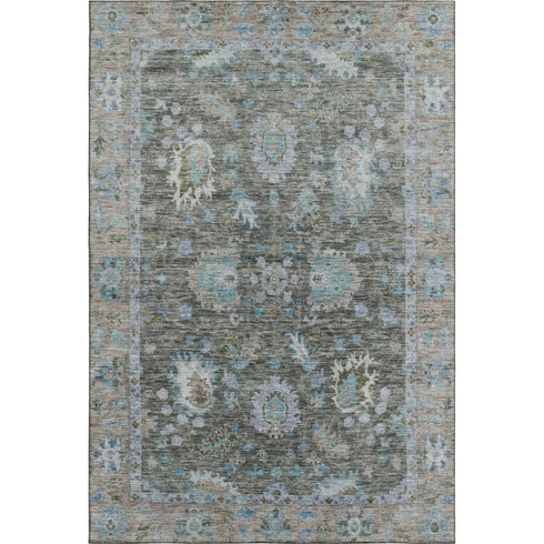 9' X 12' Fern Green And Denim Blue Oriental Washable Area Rug With UV Protection