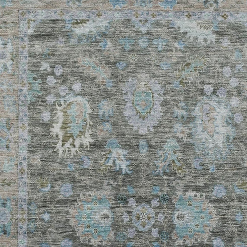 9' X 12' Fern Green And Denim Blue Oriental Washable Area Rug With UV Protection