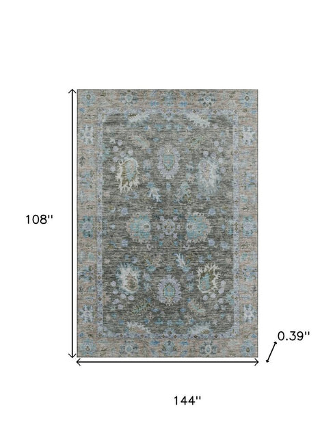 9' X 12' Fern Green And Denim Blue Oriental Washable Area Rug With UV Protection