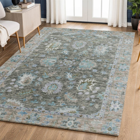 9' X 12' Fern Green And Denim Blue Oriental Washable Area Rug With UV Protection