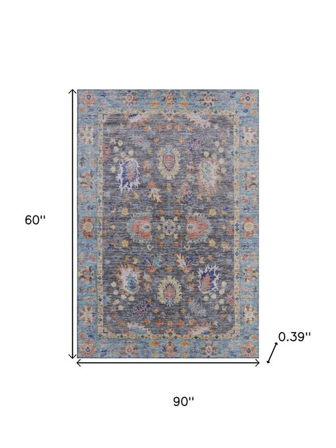 5' X 8' Gray And Copper Oriental Washable Area Rug With UV Protection
