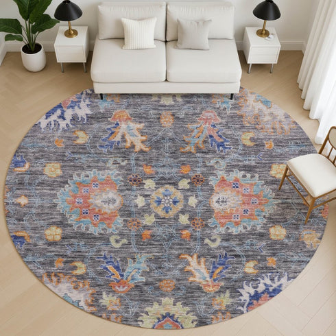 8' Gray And Copper Oriental Washable Round Rug With UV Protection