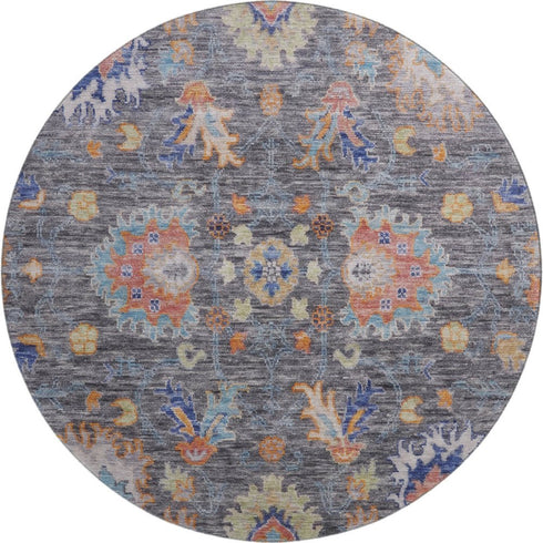8' Gray And Copper Oriental Washable Round Rug With UV Protection
