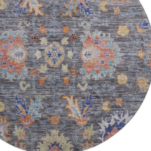 8' Gray And Copper Oriental Washable Round Rug With UV Protection