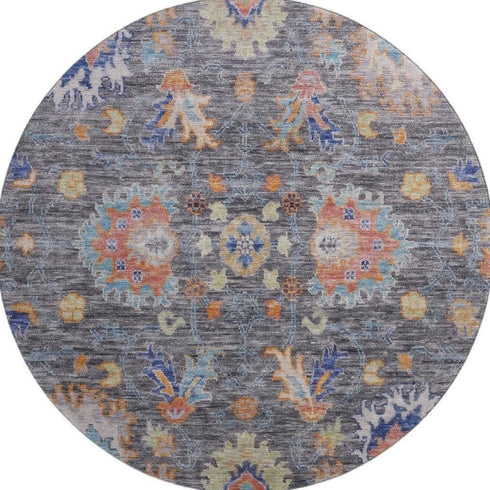 8' Gray And Copper Oriental Washable Round Rug With UV Protection