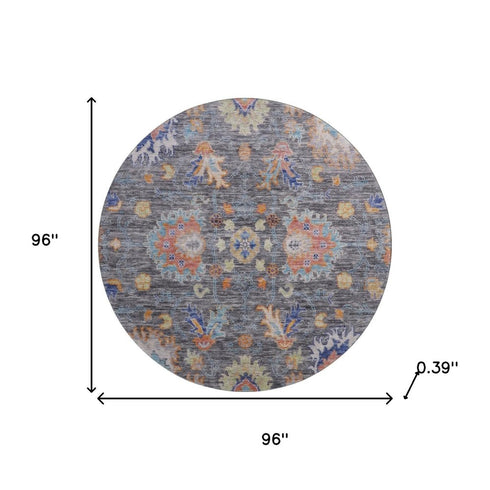 8' Gray And Copper Oriental Washable Round Rug With UV Protection