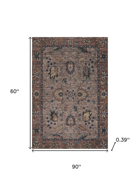 5' X 8' Coffee And Copper Oriental Washable Area Rug With UV Protection