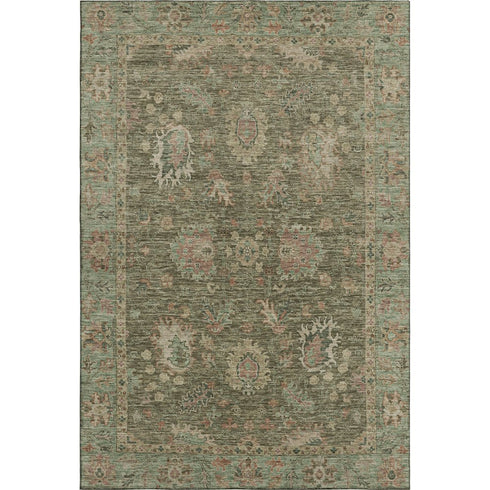 5' X 8' Olive Green And Beige Oriental Washable Area Rug With UV Protection