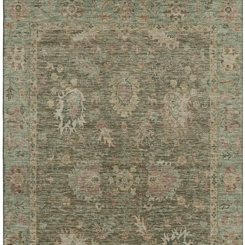 5' X 8' Olive Green And Beige Oriental Washable Area Rug With UV Protection