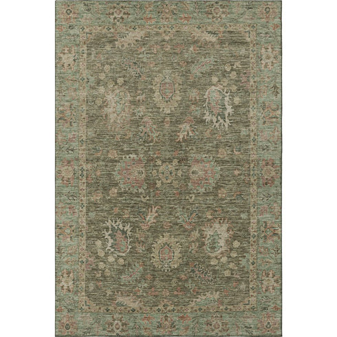 5' X 8' Olive Green And Beige Oriental Washable Area Rug With UV Protection