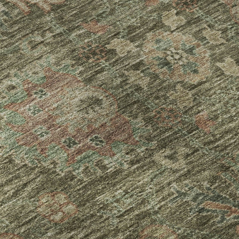 5' X 8' Olive Green And Beige Oriental Washable Area Rug With UV Protection