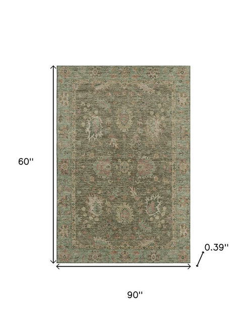 5' X 8' Olive Green And Beige Oriental Washable Area Rug With UV Protection